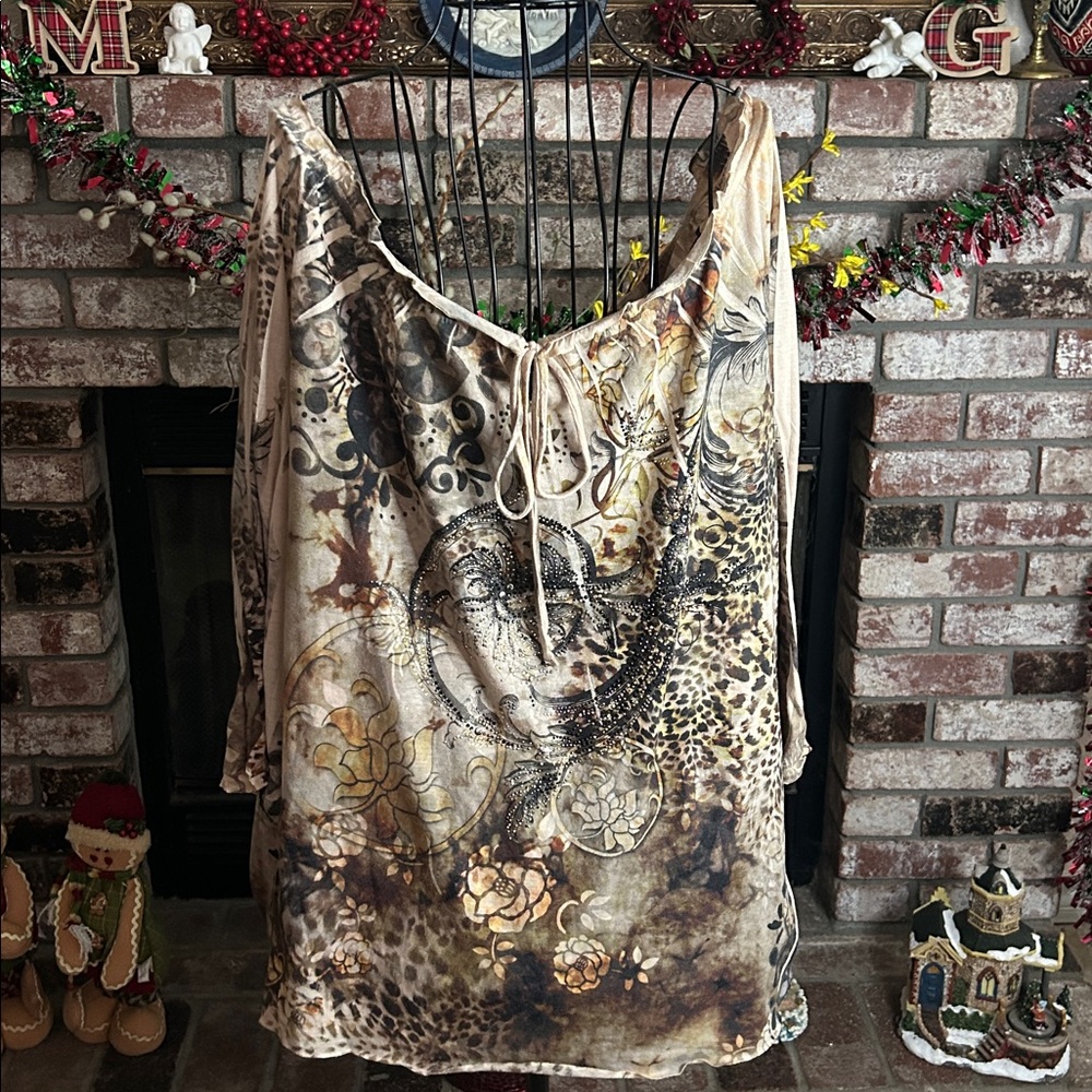 Y2k Women’s Bleu Flower Leopard Print 3/4 Sleeve Top Beaded Sz 1X